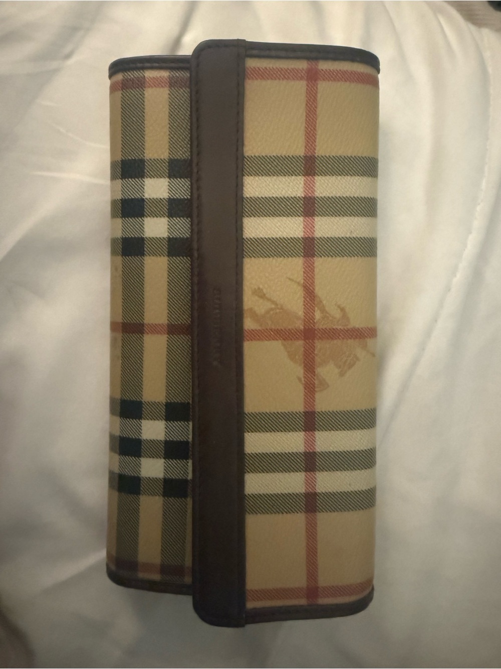 Burberry Beige Check Roll-Up Wallet with Dark Brown Trim